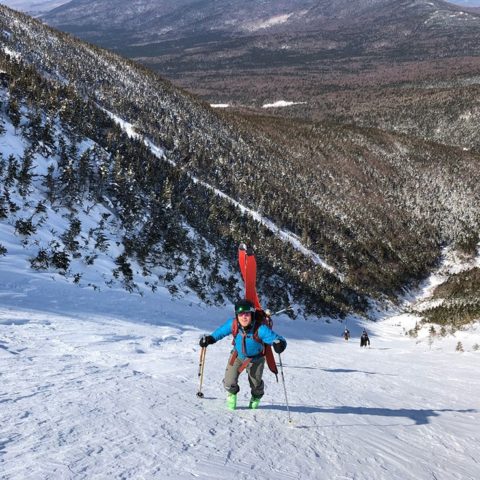 Climbing Monroe Brook in the Presidential Range of New Hampshire for backcountry skiing. Photo by Jim Surette.