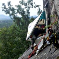 Portaledge setup while aid and big wall climbing on Cathedral Ledge, New Hampshire.