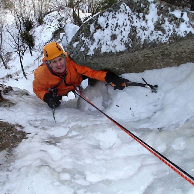 Ice climbing instruction and guided climb at Frankenstein Cliffs in Crawford Notch, New Hampshire.