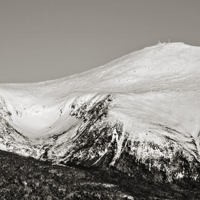 View of Mount Washington showing common summit ascent routes such as Tuckerman Ravine and Lion Head trail.