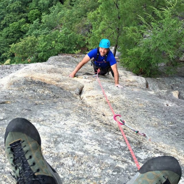 Guided rock climbing on Upper Refuse at Cathedral Ledge near North Conway, New Hampshire.